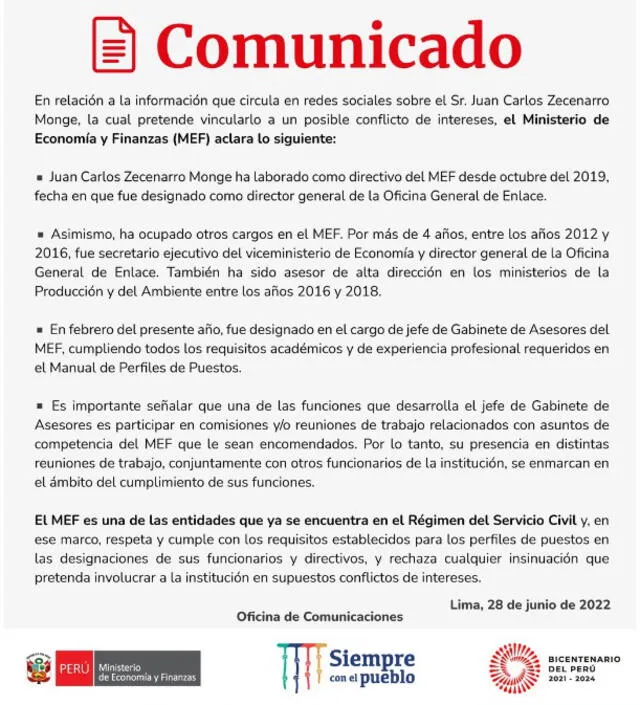 Comunicado del Ministerio de Economía y Finanzas.