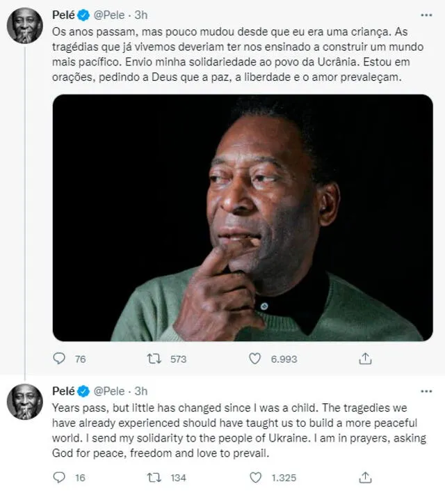 Mensaje de Pelé en redes sociales tras los ataques en Ucrania. Foto: captura de Twitter