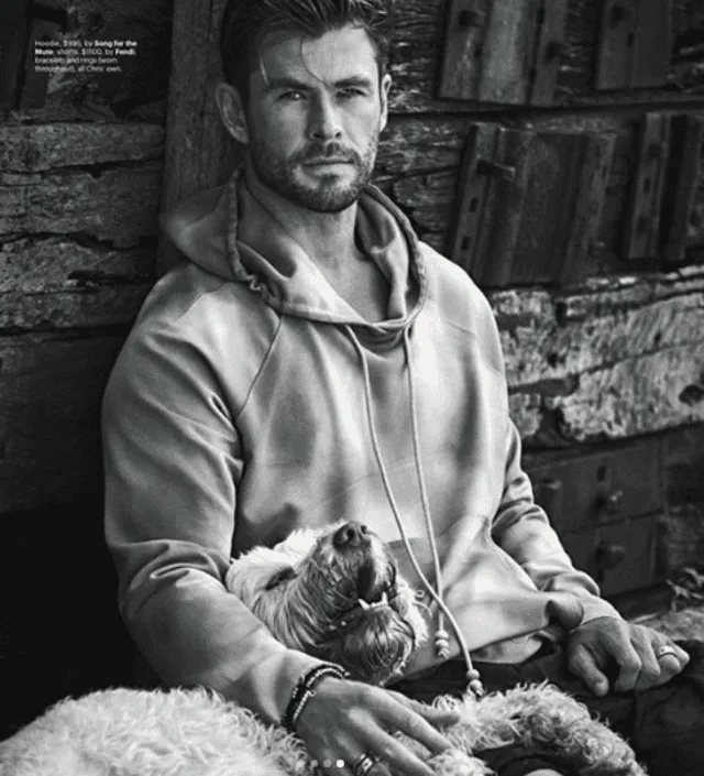 Chris Hemsworth su perro. Foto: revista GQ/Instagram.