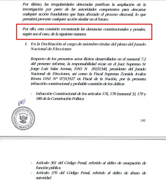 Comisión Montoya recomienda denunciar constitucionalmente a Jorge Luis Salas Arenas. Foto: captura de documento del informe final