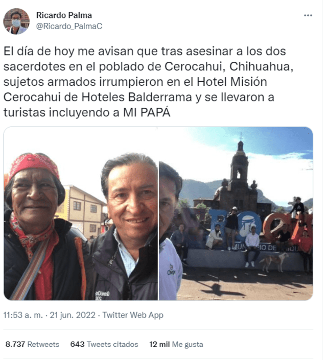Ricardo Palma, hijo del guía turística, denunció en rede sociales al desaparición de su padre. Foto: captura Twitter