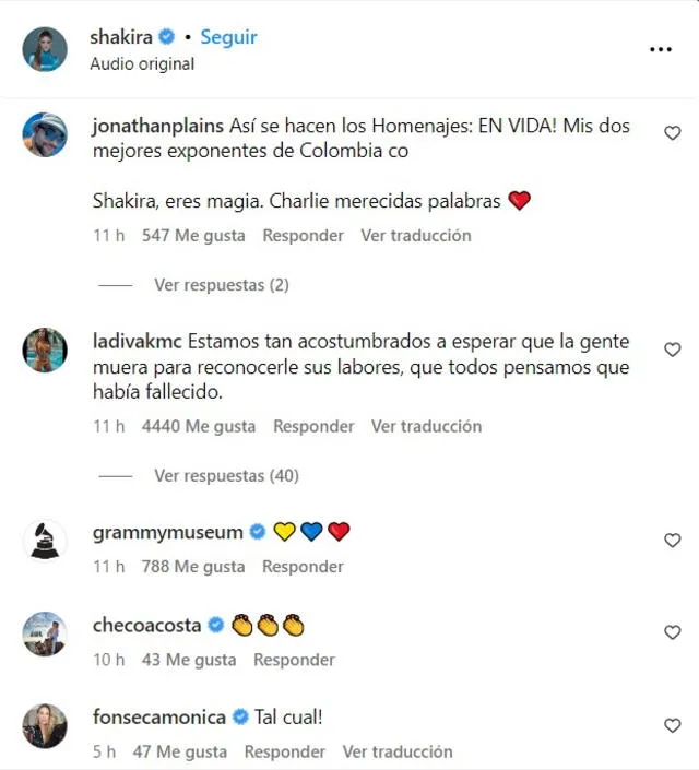 Comentarios de internautas tras palabras de Shakira. Foto: captura de Instagram/Shakira 