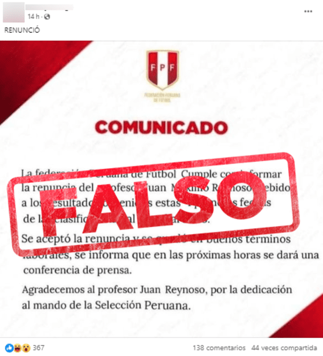  Comunicado falso atribuido a la FPF y desinformación sobre Juan Reynoso. Foto: captura de Facebook   