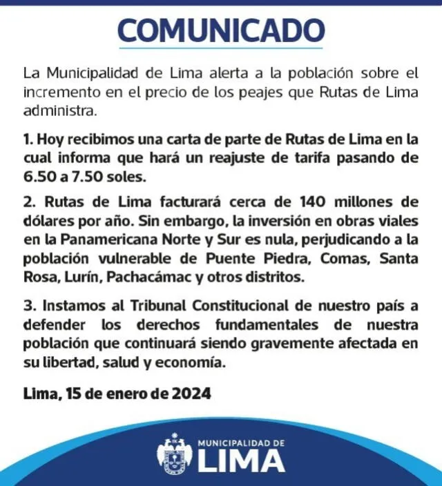 Comunicado de la Municipalidad Metropolitana de Lima. Foto: MML   