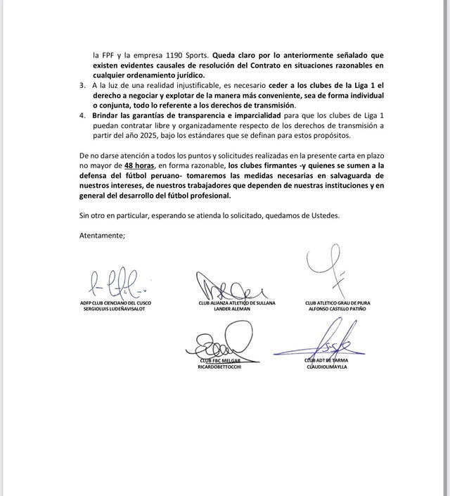 Carta enviada a la FPF sobre contrato con 1190 Sports. Foto: captura de documento Carta enviada a la FPF sobre contrato con 1190 Sports. Foto: captura de documento