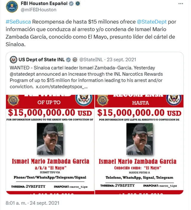  Estados Unidos anuncia una recompensa por Ismael "El Mayo" Zambada en 2021. Foto: X.   
