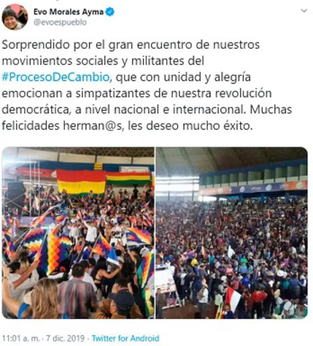 Evo Morales usa Twitter de manera recurrente, especialmente desde que llegó en condición de asilo político a México. Foto: captura de pantalla