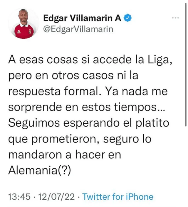 Mensaje de Edgar Villamarín. Foto: captura Twitter/Melgar