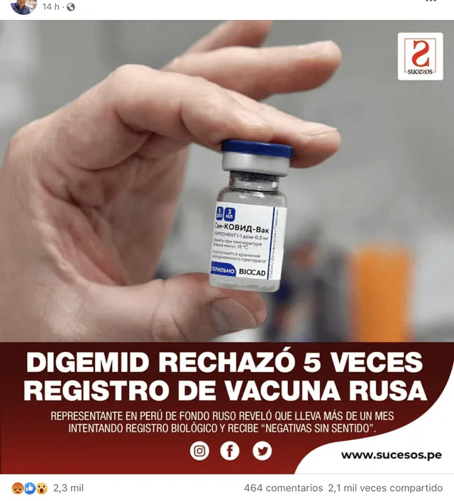 Publicación viral afirma que Digemid rechazó el registro de la vacuna Sputnik V. Foto: captura en Facebook