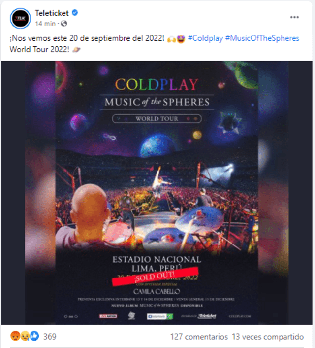 Coldplay brindará un espectáculo musical en Lima el 20 de setiembre del 2022. Foto: Teleticket/Facebook