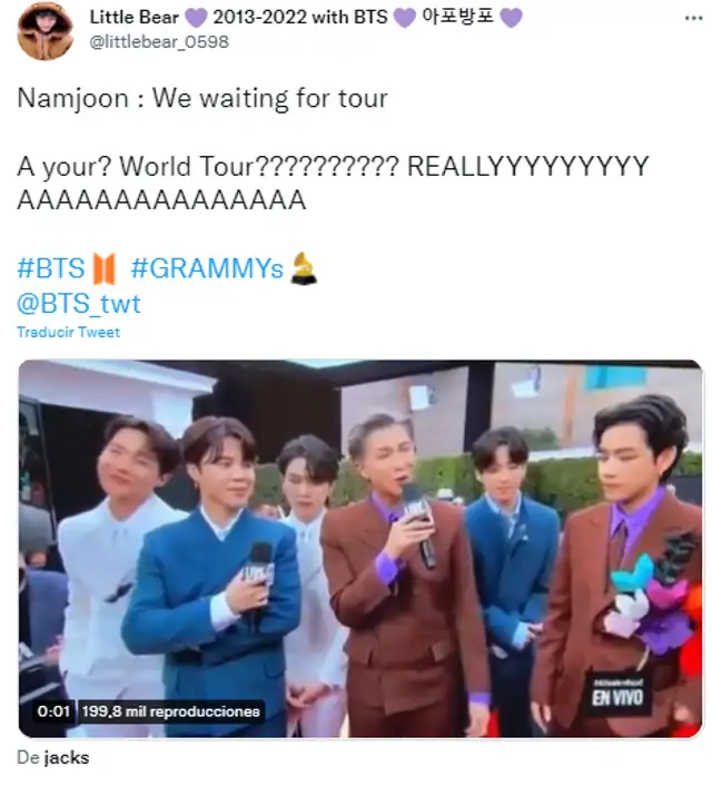 RM y sus declaraciones en la red carpet de los GRAMMY 2022. Foto: Twitter