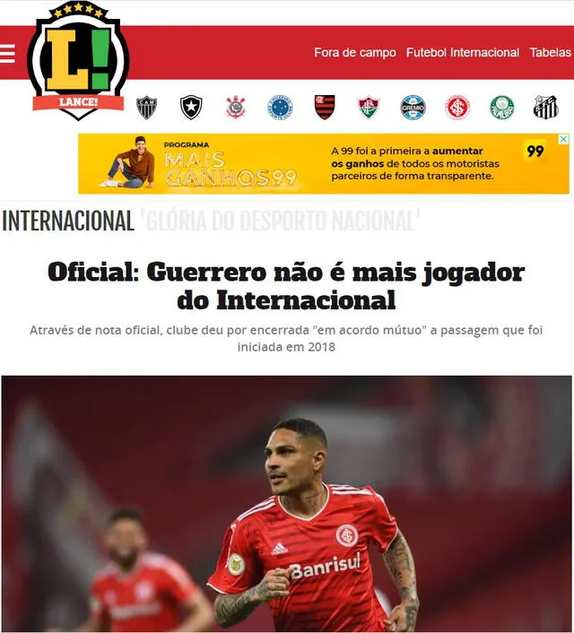 Así informó la prensa brasileña sobre Paolo Guerrero. Foto: Lance