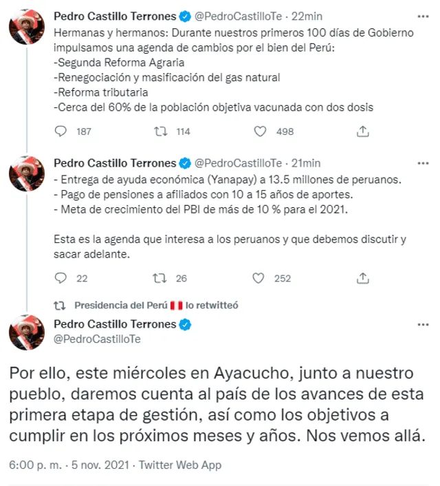 Tuit del presidente Pedro Castillo tras 100 días de su gestión. Foto: captura de Twitter