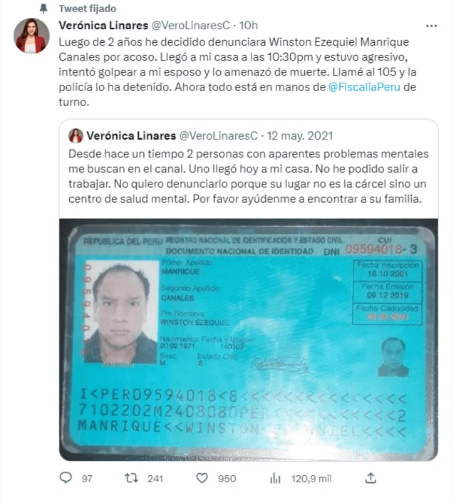 Verónica Linares denunció que era víctima de acoso en el 2021. Foto: captura de Twitter   