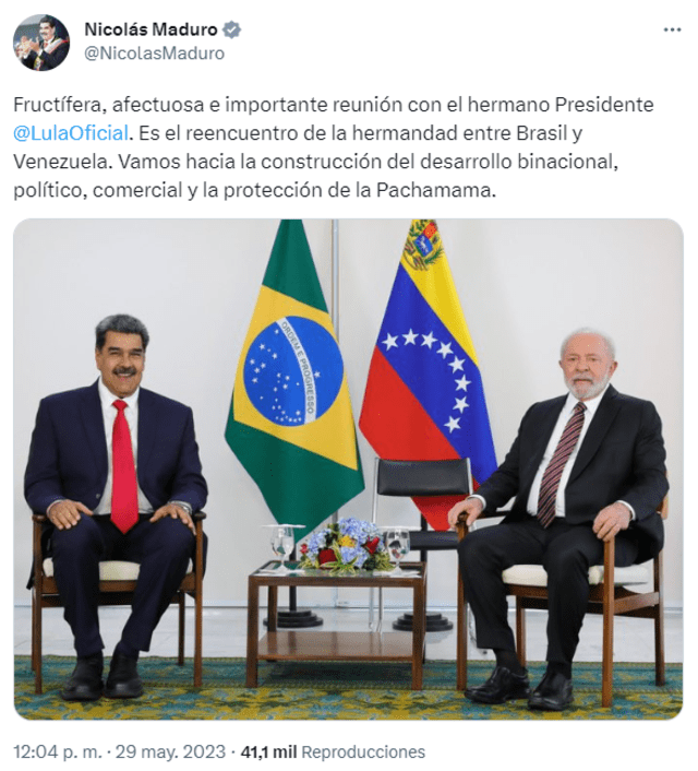 Nicolás Maduro publica en su cuenta oficial una foto con el presidente de Brasil. Foto: Nicolas Maduro/ Twitter   