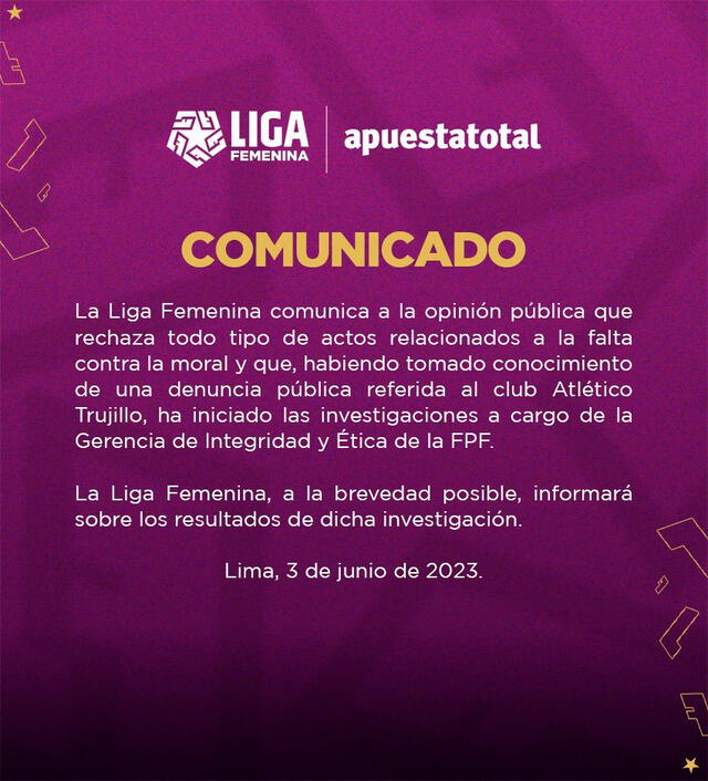 Comunicado de la Liga Femenina. Foto: Liga Femenina   