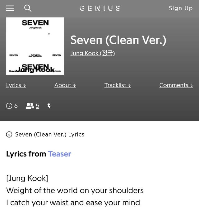  Letra de "SEVEN" (clean ver.) de Jung Kook. Foto: Genius   