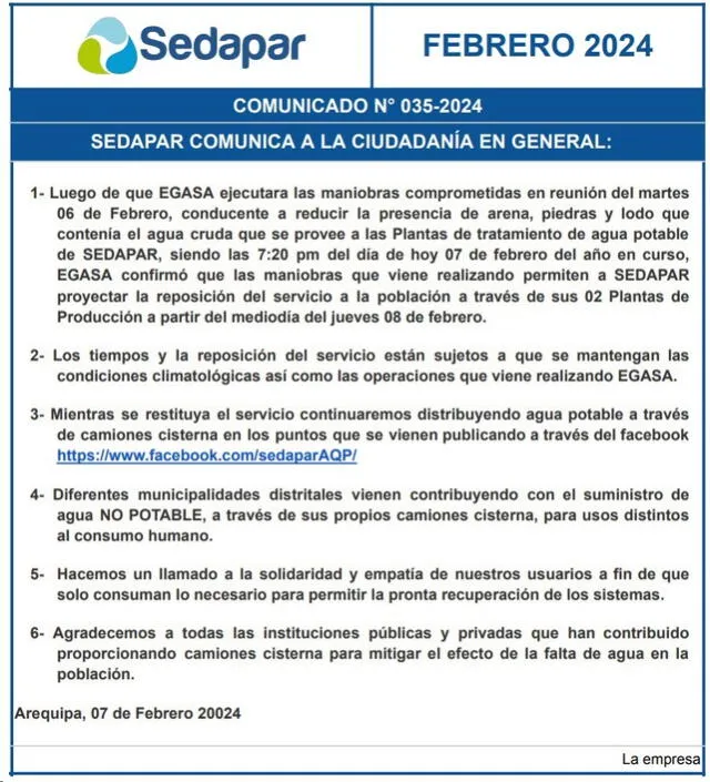 Comunicado de Sedapar anunciando reposición del agua. Foto: Sedapar