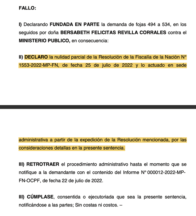 Sentencia a favor de Bersabeth Revilla.   