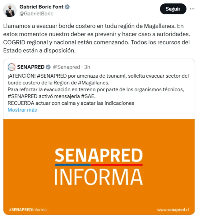 Chilean President Gabriel Boric urges citizens to evacuate. Photo: Gabriel Boris' X account Chilean President Gabriel Boric urges citizens to evacuate. Photo: Gabriel Boris' X account