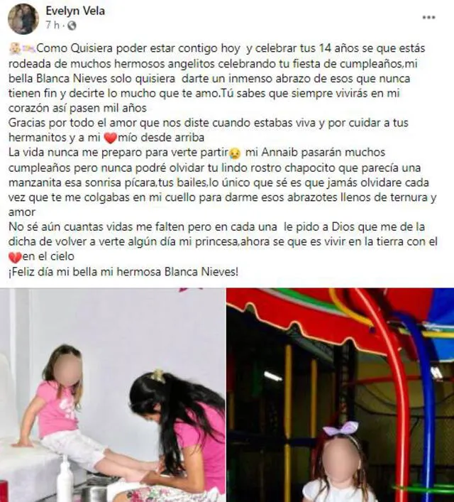 Evelyn Vela deja mensaje a su hija fallecida en el que habría sido su cumpleaños 14. Foto:Facebook.
