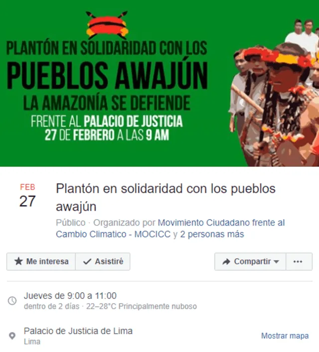 Convocatoria del plantón en solidaridad al pueblo indígena Awajún en facebook. Foto: difusión.