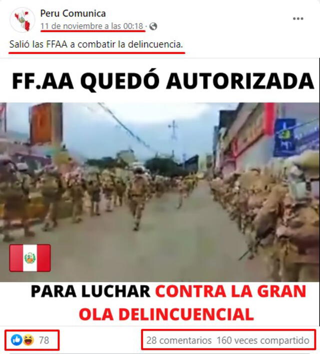 Posteo viral en el que relacionan un video del 2020 con la autorización del ejecutivo para que las Fuerzas Armadas apoyen a la PNP en el orden interno. FOTO: Captura de Facebook.