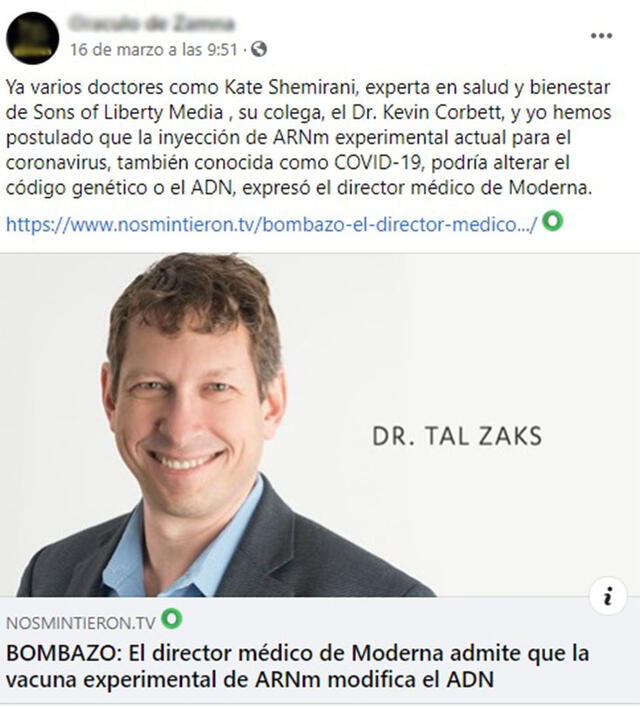 Un post señala que el director de Moderna “admitió” que la vacuna ARNm “modifica el ADN”. Foto:  captura en Facebook.