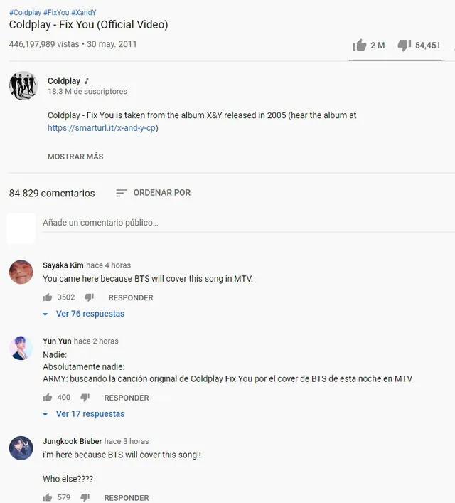 Comentarios de fans de BTS en video de Coldplay "Fix you". Foto: YouTube