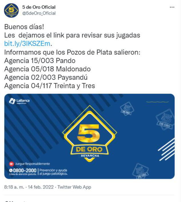 El próximo sorteo del 5 de oro se realizará el miércoles 16 de febrero de 2022. Foto: captura Twitter