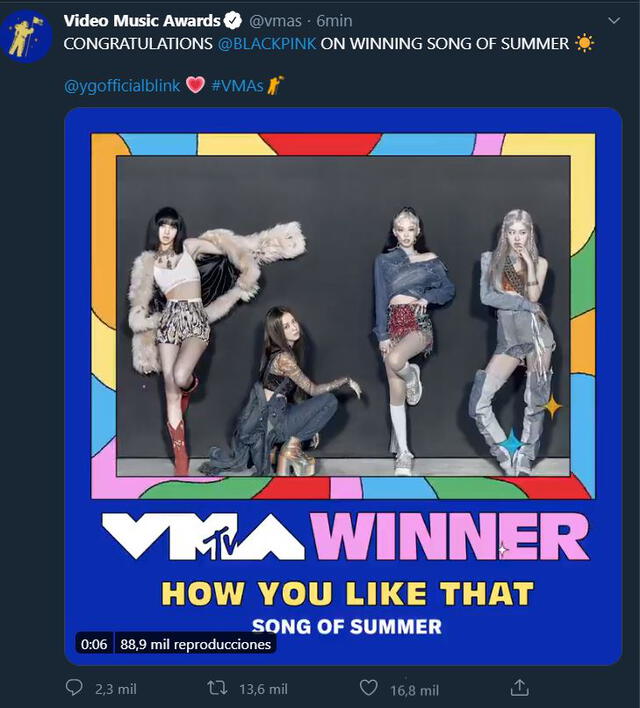 BLACKPINK gana 'Song of summer' en los MTV VMAs 2020. Créditos: MTV