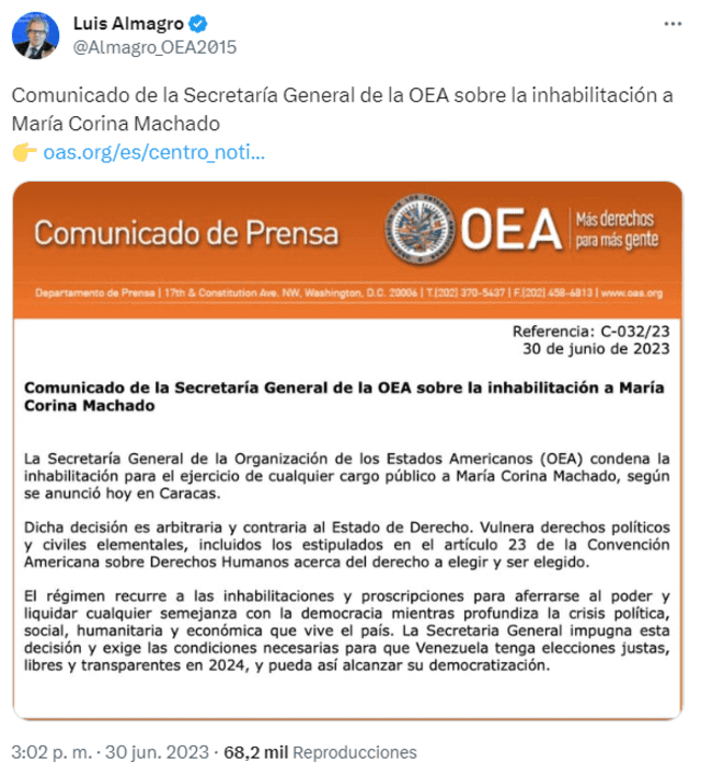 Comunicado emitido por la Secretaría General de la OEA. Foto: Luis Almagro/Twitter