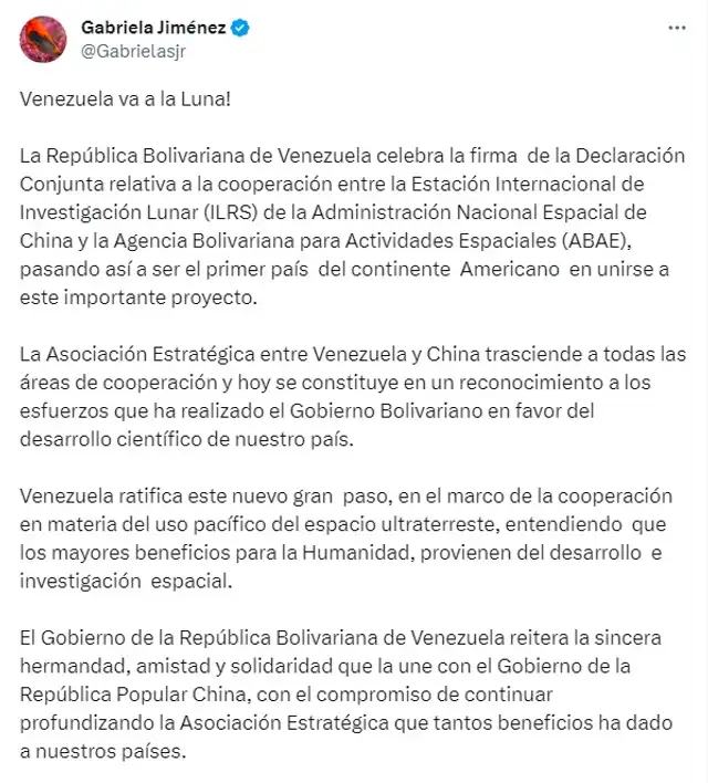 Tweet de la ministra Jiménez celebrando la nueva firma conseguida con China. Foto: Twitter   