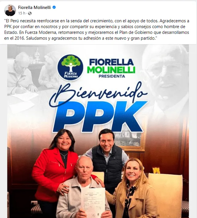 Incorporación del expresidente de la República se dio a conocer a través de la red social Facebook de Fiorella Molinelli. Foto: Fiorella Molinelli.   