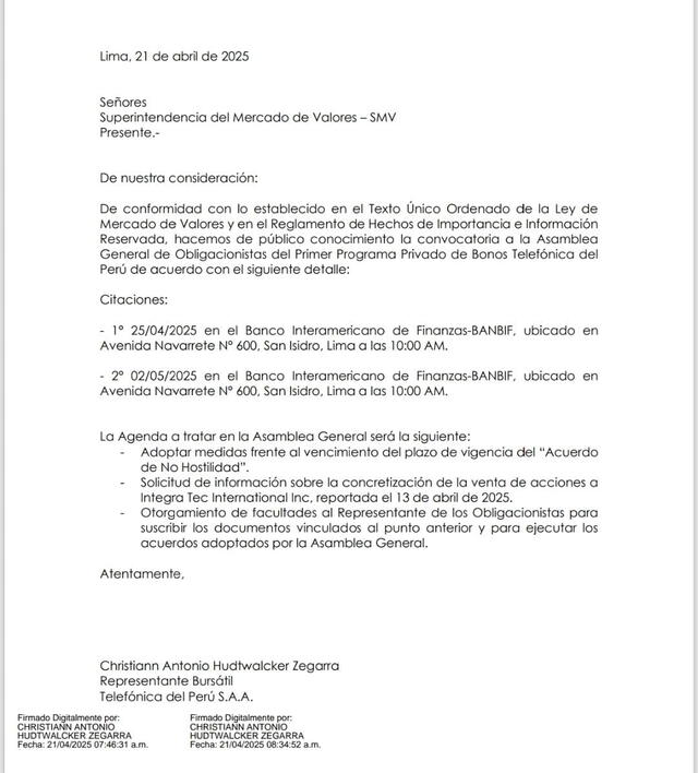 Convocatoria a la Asamblea General de Obligacionistas.   