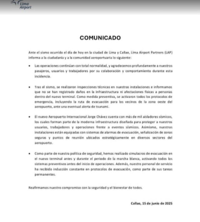Comunicado de LAP tras sismo de 6,1 en Lima y Callao. Foto: LAP Comunicado de LAP tras sismo de 6,1 en Lima y Callao. Foto: LAP
