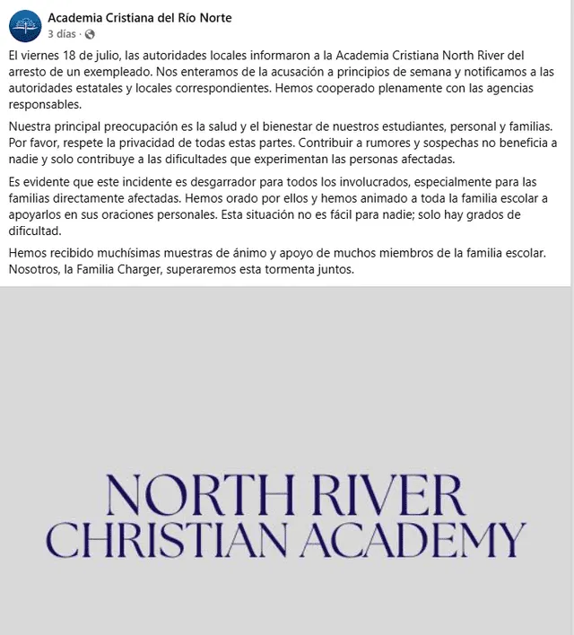 La escuela cristiana se pronuncia sobre el caso de la profesora y alumna menor de edad en Alabama. Foto: Facebook. La escuela cristiana se pronuncia sobre el caso de la profesora y alumna menor de edad en Alabama. Foto: Facebook.