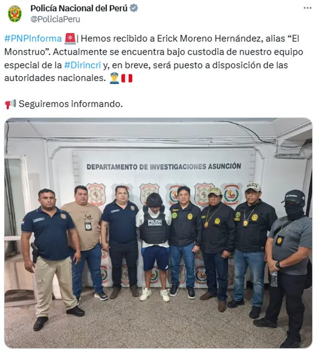 PNP afirma que 'El Monstruo' está bajo custodia de la Dirincri, pero está en cárcel de máxima seguridad de Paraguay. Foto: captura PNP PNP afirma que 'El Monstruo' está bajo custodia de la Dirincri, pero está en cárcel de máxima seguridad de Paraguay. Foto: captura PNP