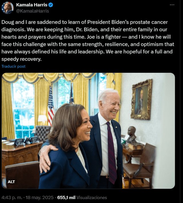  Kamala Harris shared a heartfelt message on Twitter, expressing support for President Biden after his prostate cancer diagnosis, calling him “a fighter” and wishing him a full and speedy recovery. Photo: X    