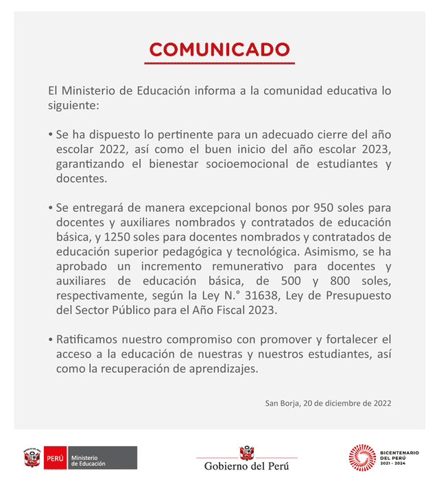 Comunicado del bono docente