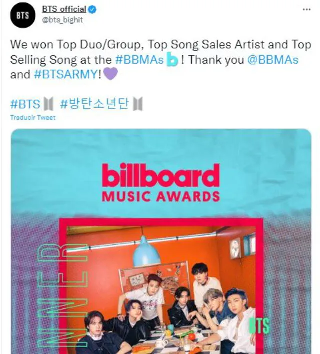 BTS en Twitter agradece premios BBMAs. Foto: captura