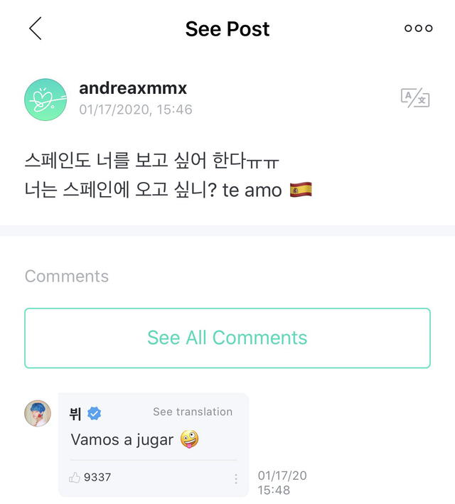 Taehyung de BTS respondió en español a una fan, desatando el furor en ARMY.