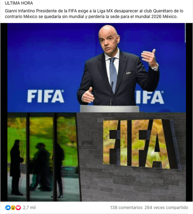 Publicación viral sobre la exigencia del presidente de la FIFA. Fuente: Captura LR, Facebook.