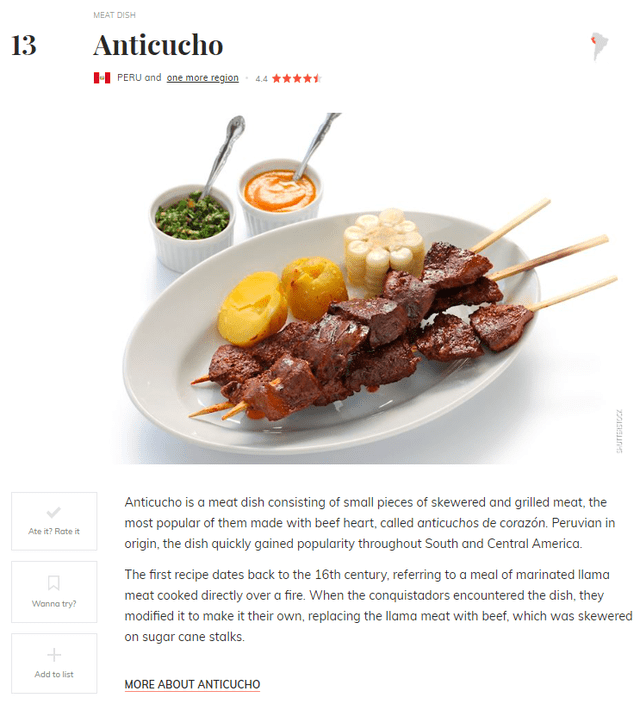  El anticucho se quedó con el puesto 13 de las mejores comidas peruanas en Taste Atlas. Foto: Taste Atlas 
