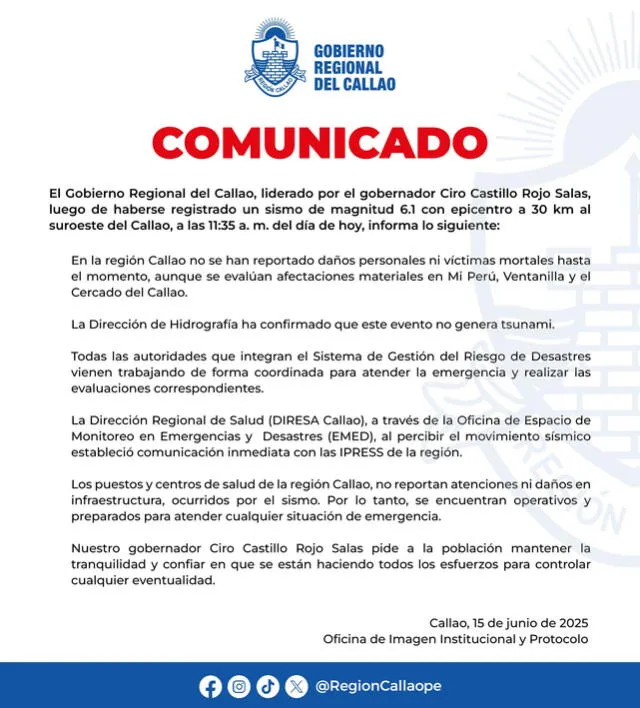  Gobierno Regional del Callao se pronuncia tras sismo. Foto: x    
