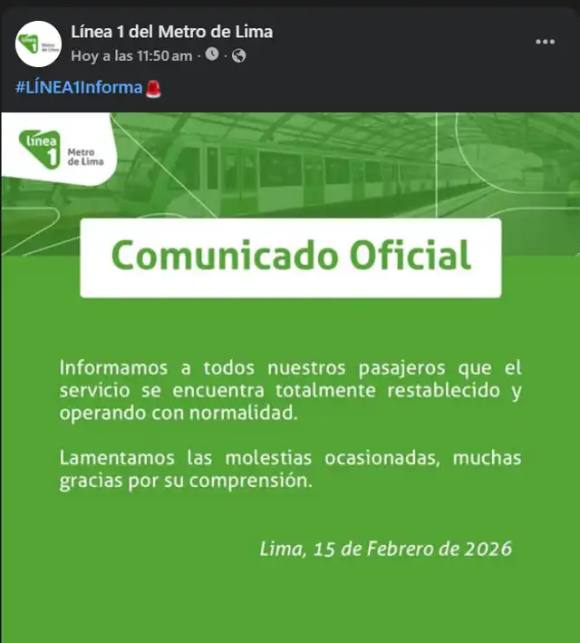  La Línea 1 del Metro confirmó el restablecimiento total del servicio. Foto: Facebook.    