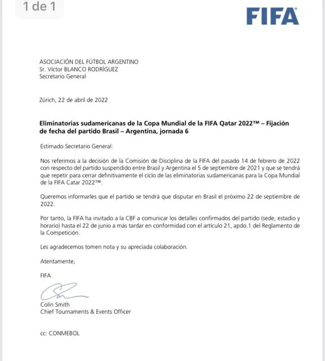 Comunicado de FIFA a la AFA. Foto: FIFA.