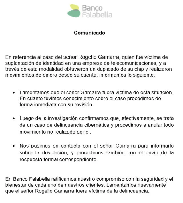 Comunicado de Banco Falabella.