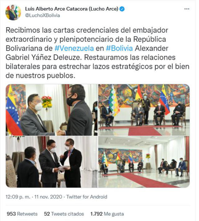 Yánez se desempeñó como embajador de Venezuela en Bolivia a finales de 2020. Foto: @LuchoXBolivia/Twitter