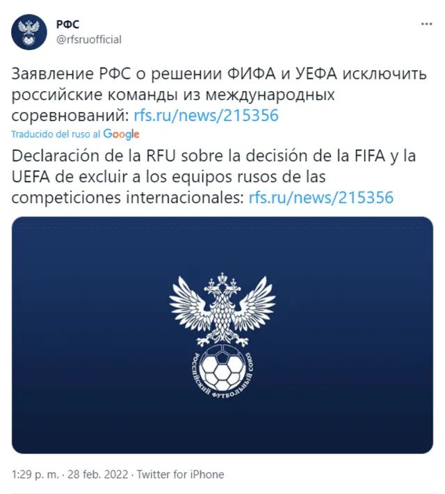 La respuesta de la Federación Rusa de Fútbol por los castigos de FIFA y UEFA. Foto: captura Twitter @rfsruofficial